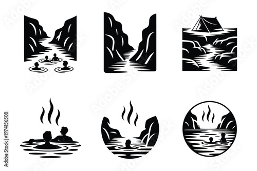 Minimalist vector icons of people bathing in outdoor hot springs and canyons
