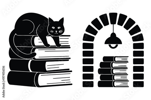 Black cat sitting on a stack of books next to a library reading nook icon