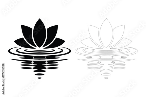 Minimalist black lotus flower silhouette with ripple reflection in water