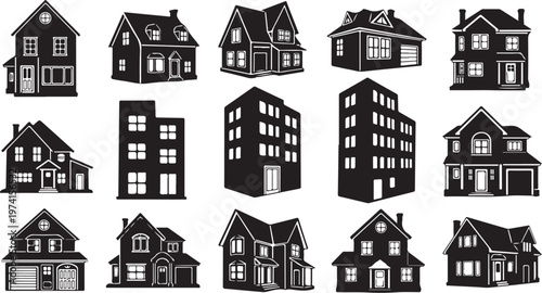 Black and white houses with various architectural styles