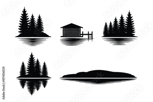 Minimalist forest icons of pine trees and cabin reflected on calm water