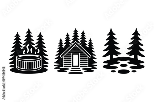Wood cabin with hot tub and pond icons in a pine forest setting, relaxation