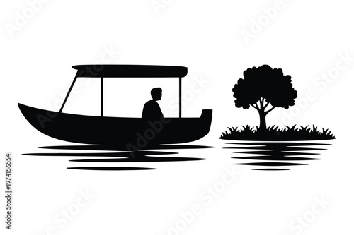 Silhouette illustration of a man on a small passenger boat near a lone tree