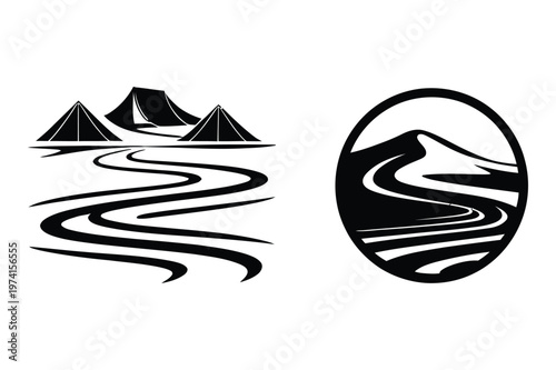 Set of black and white mountain adventure and winding road icons in silhouettes