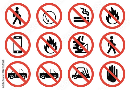 Red prohibition signs, no symbol collection, restriction and warning icons, forbidden actions set, safety and regulation signage, stop and ban symbols, clean vector design for public information