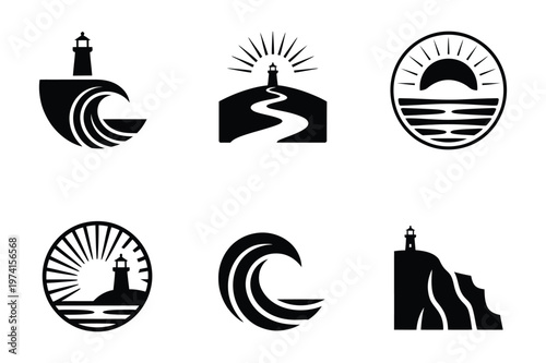 Collection of lighthouse and ocean wave graphic icons in minimalist silhouettes