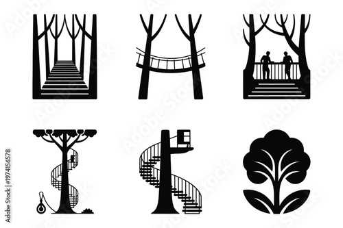 Forest and tree house illustrations with staircases and wooden structures