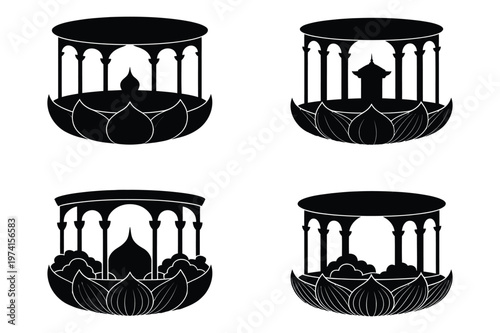 Decorative lotus flower motifs with arched temple architectural elements
