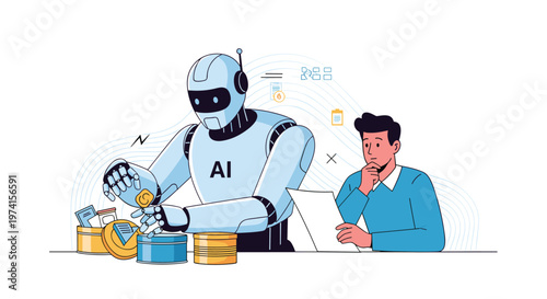 Artificial intelligence robot sorts coins into containers while a human colleague observes the process thoughtfully.