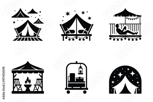 Camping and hotel travel icon set in minimal silhouette style with vacation