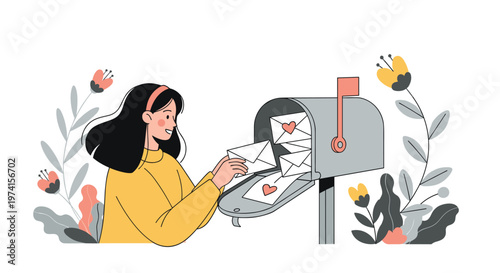Smiling young woman places several love letters with red hearts into a mailbox surrounded by tall garden flowers.