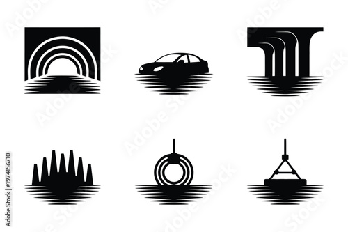 Industrial and transport infrastructure silhouette icon set in black and white