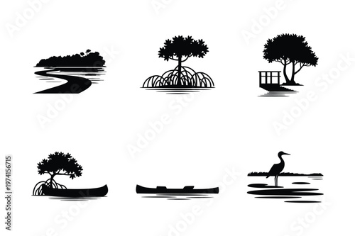Mangrove tree and wildlife silhouette icon set for coastal environment