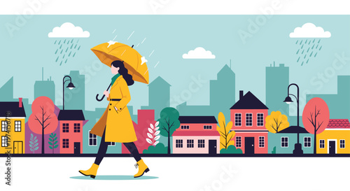 Stylish woman with a yellow umbrella walks down a colorful city street during a rainy day in a flat vector style.