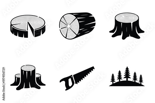 Logging and timber industry icon set with tree stumps and wood logs, industry