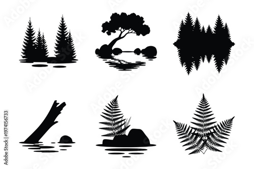 Forest wilderness nature icon set with trees fern and natural elements, woodland