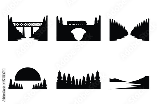 Set of black silhouette landscape icons featuring bridges and forest scenery
