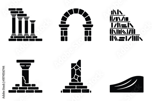 Set of black silhouette icons representing ancient architectural ruins