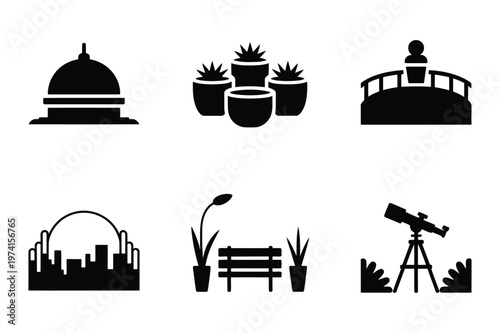 Set of minimalist black silhouette icons for urban and outdoor leisure
