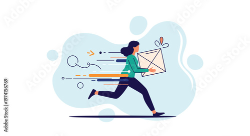 Determined woman runs at high speed while carrying a large white envelope or package for urgent express delivery.