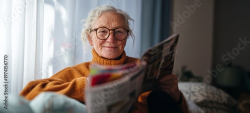 Elderly Woman Reading Newspaper at Home