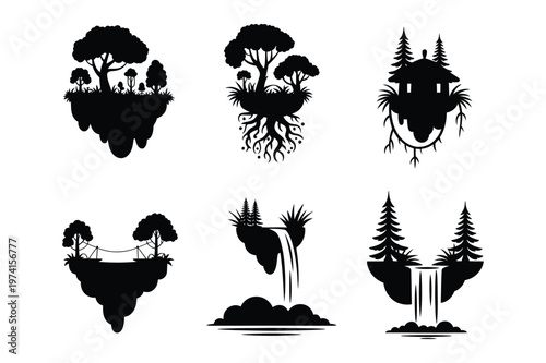 Collection of floating island silhouette illustrations with trees and water