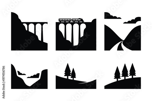 Mountain landscapes and train bridge silhouette vector illustration set