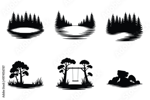 Collection of black silhouette nature scenes with lakes trees and swings