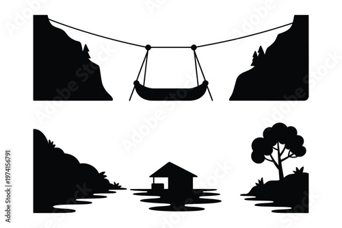 Riverside hut and mountain rope bridge silhouette vector illustration