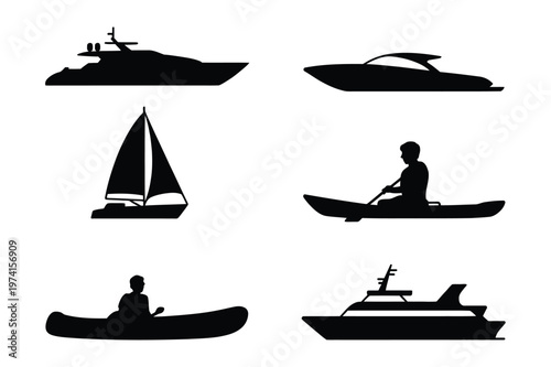 Set of different watercraft silhouettes vector collection with sailboat