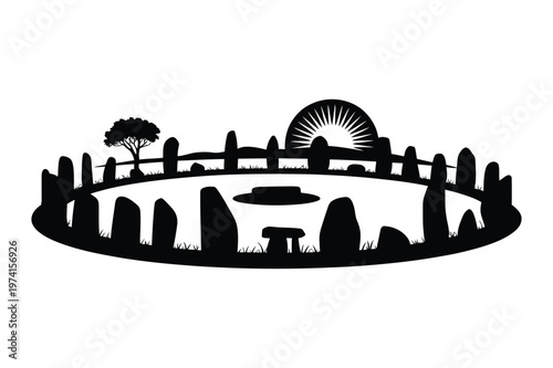 Stonehenge monument silhouette circular landscape vector illustration
