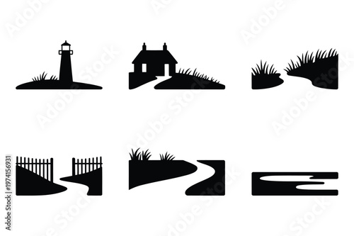 Coastal landscape and scenic nature vector silhouette icons with landscape
