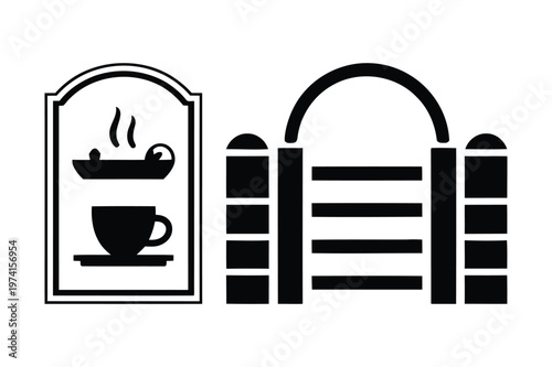 Coffee shop sign and gate entrance vector graphic with entrance, beverage
