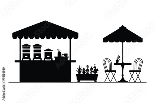 Street vendor stall silhouette with a cozy outdoor patio seating area, umbrella
