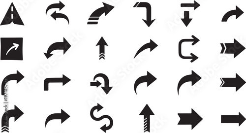 Collection of various black arrow icons on white background