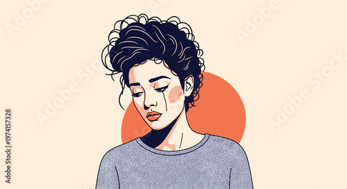 Emotional portrait of a sad young woman with short curly hair and a single tear running down her cheek in a stylized art style.