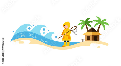 Child with net near beach hut on transparent background silhouette