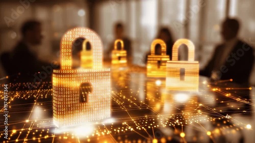 Visual representation of digital security features during an office meeting with people discussing cybersecurity strategies