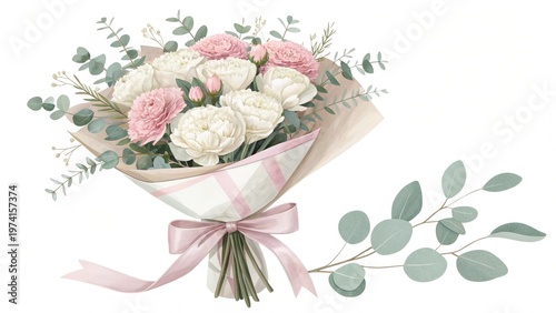 A bouquet of white and pink flowers