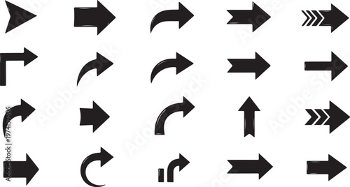 Collection of various black arrow icons on white background