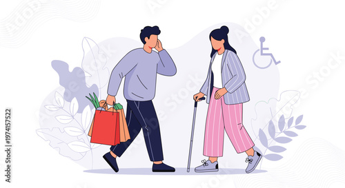 Kind young man helps an elderly woman with a walking cane by carrying her heavy shopping bags on a city sidewalk.