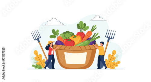 Two hardworking farmers hold a giant wooden basket overflowing with a variety of fresh colorful vegetables.