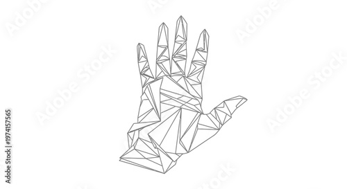 Geometric polygonal hand illustration in gray.
