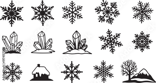 Winter icons set with snowflakes and crystal graphics elements