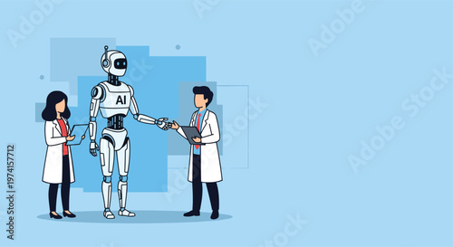 Medical professionals interact with a humanoid robot representing artificial intelligence in a modern healthcare environment.