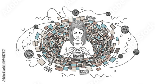 Focused young woman enjoys knitting with needles while surrounded by a creative vortex of colorful fabric swatches and yarn balls.