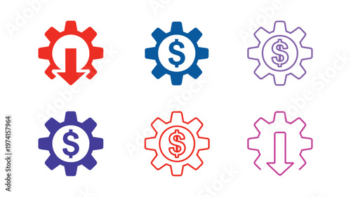 Reduced maintenance cost icon set, savings and efficiency symbols, lower expenses concept, service and repair optimization icons, financial planning and budget control theme