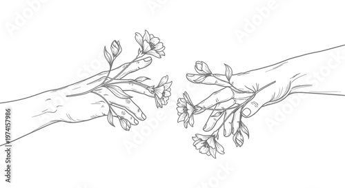 Two hands exchanging flowers in a gesture of kindness and friendship.