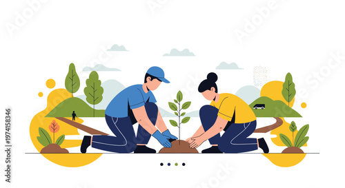 Man and woman work together to plant a small tree in a scenic park promoting environmental conservation and sustainability.