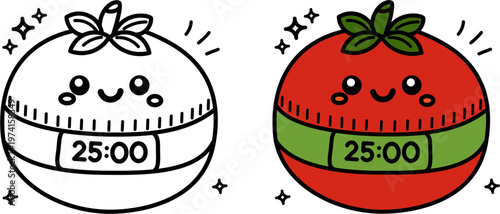 Pomodoro tomato timer icon. Cute kawaii kitchen clock for productivity and time management